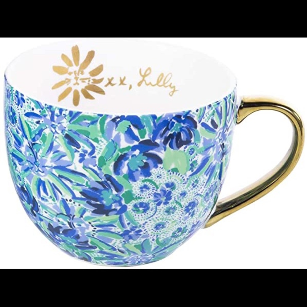 Floral Designer Gold Blue Lilly Pulitzer Ceramic Mugs (Set of 2)